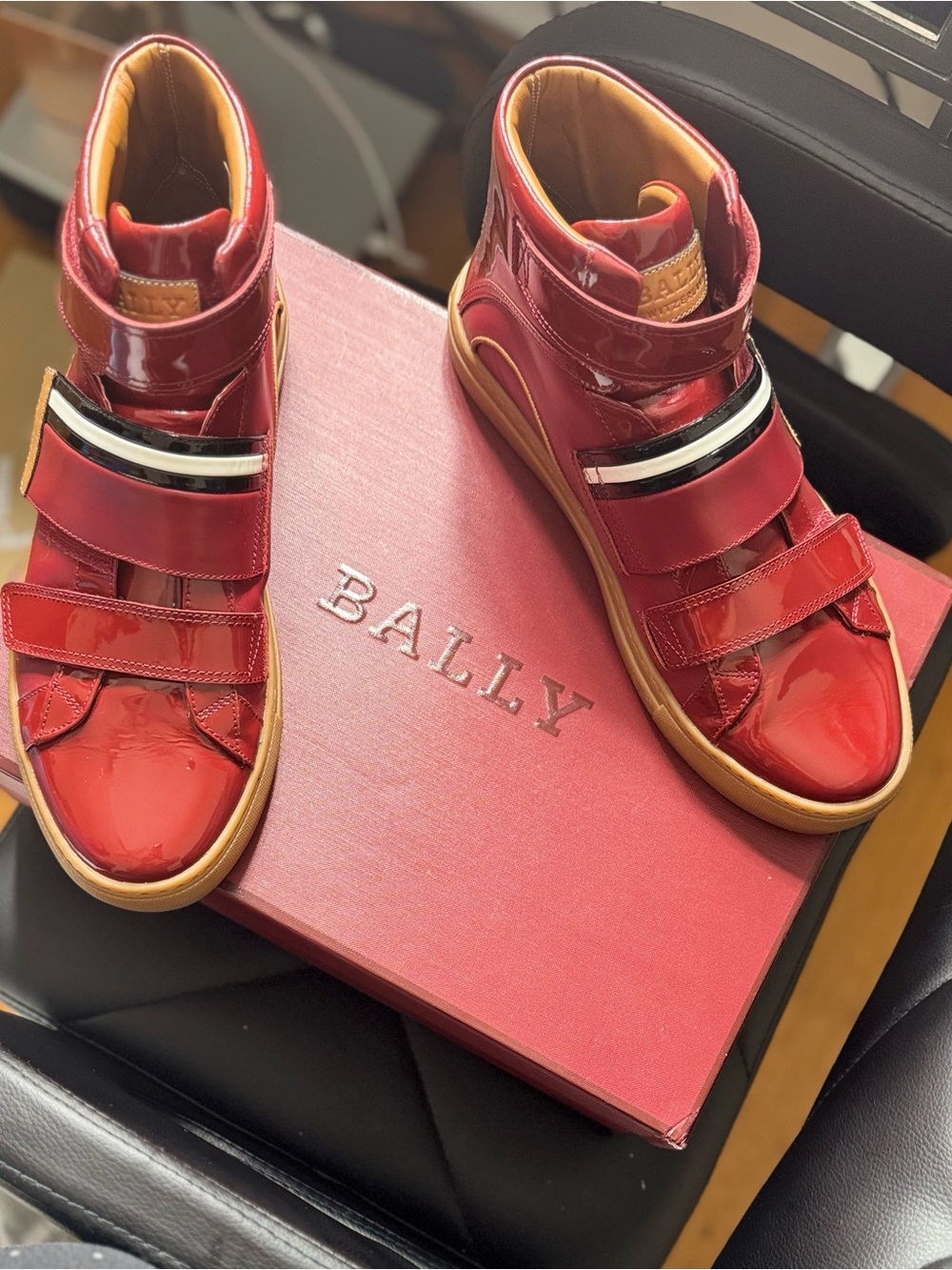 Bally Red Patent Leather High-Top Sneakers with Black & White Stripe